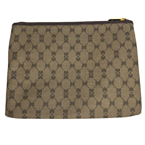 Nina Ricci Beige Brown Monogram Clutch Makeup Travel Bag Set of 2 Zipper Closure - Picture 4 of 13